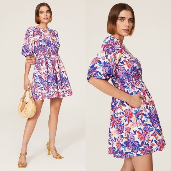 PETER SOM Floral Print Cotton Puff Short Sleeve Crew Neck Babydoll Mini Dress 12 - Picture 1 of 9